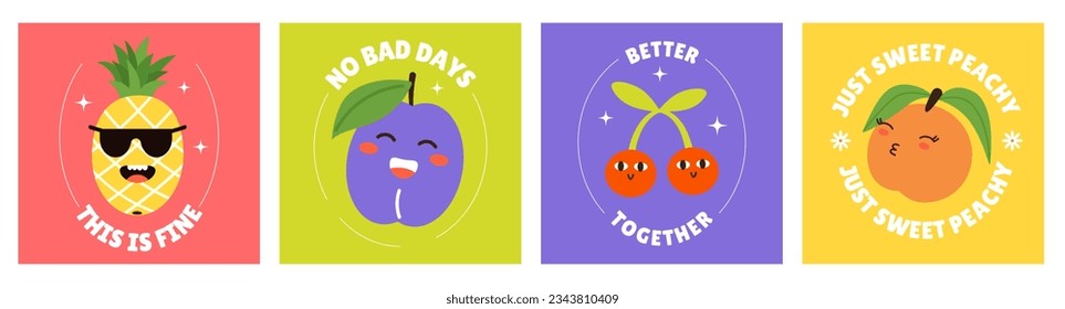 Square card with Fruit and Berries funky characters in Cartoon style. Pineapple, Plum, Cherry berry, Orange cute child. Slogan poster for design web and social media. Vector illustration