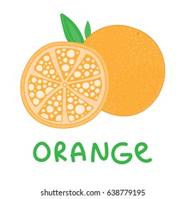 Square card with hand drawn orange fruit vector. Abstract sliced and whole orange with leaf on white background.