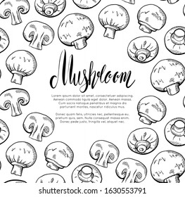 Square card with hand drawn sketch of champignon mushrooms with hatching, lettering and place for text. Healthy food and calligraphy quote. Vector template for menu, recipe, label and your design.