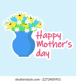 Square card for Happy Mother's Day. Bouquet of flowers in vase. Vector illustration.