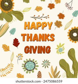 Square card happy Thanksgiving Autumn templates. Vector design for card, poster. Vector hand drawing and illustration.