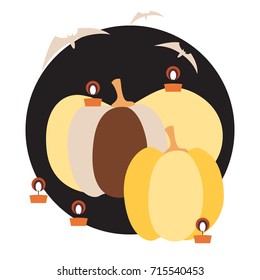 Square card with huge pumpkins, burning candles and bats on a circular substrate isolated on a white background