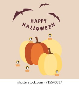 Square card with huge pumpkins, burning candles and bats on a circular substrate isolated on a white background