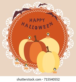 Square card with huge pumpkins, burning candles and bats on a circular substrate isolated on a white background