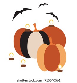 Square card with huge pumpkins, burning candles and bats on a circular substrate isolated on a white background