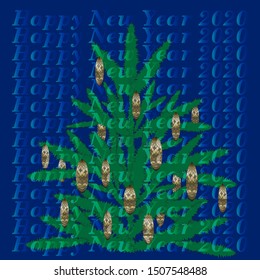 Square card illustrated with christmas tree on a blue background and  Christmas Balls. Graphic numbers and text  happy new year 2020. Vector Illustration