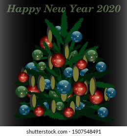 Square card illustrated with christmas tree on a black background and  Christmas Balls. Graphic numbers and text  happy new year 2020. Vector Illustration