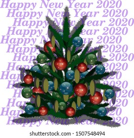 Square card illustrated with christmas tree on white background and  Christmas Balls. Graphic numbers and text  happy new year 2020. Vector Illustration