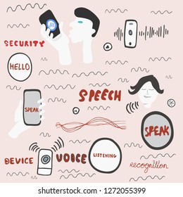 Square card illustration with elements for voice recognition. Hand written lettering.  Vector
