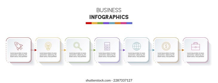 tarjeta cuadrada Plantilla de diseño de infografías e iconos con 7 opciones o 7 pasos. utilizar como diagrama de procesos de flujo de trabajo, presentación de datos empresariales, diseño de línea de tiempo, hito, pancarta, folleto, diagrama de flujo