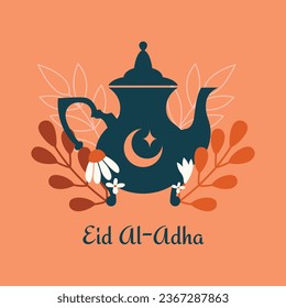 Square card with islamic, muslim objects, elements. Cute illustration with oriental teapot, crescent, star, plants, flowers. Vector clip art in trendy boho style.