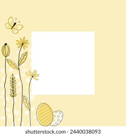 Square card in light yellow tones with Easter eggs, flowers and butterfly on a frame. Free space for text. Template for invitations, greetings, social media posts and advertising.