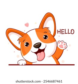 Cartão quadrado com cachorrinho de corgi. Inscrição Hello. Impressão infantil com cachorro bonito. Pode ser usado para camiseta, adesivo, design de cartão de saudação. Ilustração vetorial EPS8