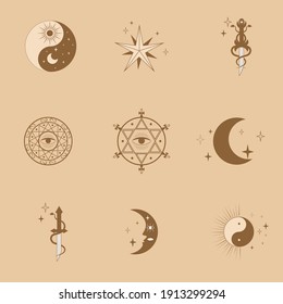 Square Card Of Magic Symbols And Icons - Stars, Moon, Sun, Dagger. Vector Flat Style Illustration