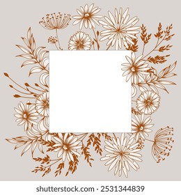 Tarjeta cuadrada con flores de prado. Dibujado a mano ilustración de arte de línea. Gráficos de contorno de Vector simples.