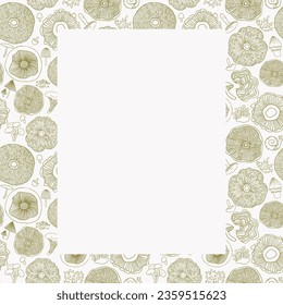 Square card with monochromatic outline mushrooms frame and space for your text. Template for autumn event.