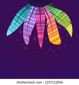 Square card with multicolored boho feathers of birds with decoration, stars and a place for the text on dark background. Vector element for greeting cards, invitations and your creativity