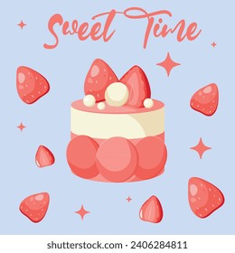 Square card with pink pastry and floating strawberries and stars. Dessert with berries and white chocolate. Banner for backery, sweet shop