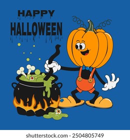 A square card, poster, a cover for a social media post, sticker "Happy Halloween".A cartoon pumpkin-headed character is stirring a boiling green potion in a cauldron with a stick. Vector illustration