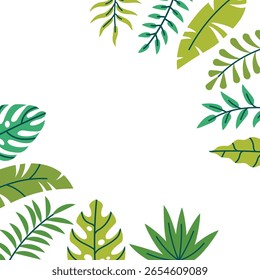 Square card or poster with tropical leaf and branch border in corners in flat cartoon style. Lush and vibrant frame design perfect for invitations, greeting cards, and summer-themed layouts.