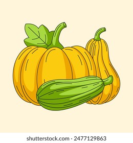 Square card with pumpkin, butternut squash, zucchini. Seasonal harvest, vegetables, natural eco organic veggies. For greeting card, poster, template, thanksgiving invitation, social media.