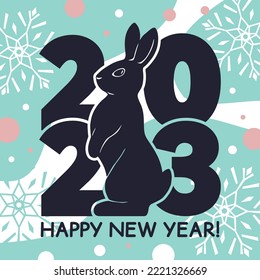 Square card with a rabbit and the inscription Happy New Year 2023. Vector trendy modern flat illustration.