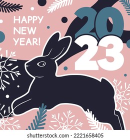 Square card with a rabbit and the inscription Happy New Year 2023. Vector trendy modern flat illustration.