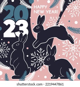 Square card with rabbits and the inscription Happy New Year 2023. Vector trendy modern flat illustration.