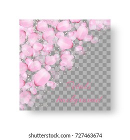 A square card with a romantic design from the soaring cherry petals for congratulations on a checkered backdrop