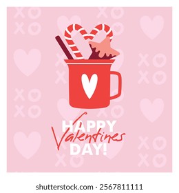 Square card to Saint Valentine's Day with cup of hot drink, candy cane, ginger coockie, heart and text. Greeting card template with cute vector illustration and xoxo pattern on background. Flat Design