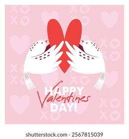 Square card to Saint Valentine's Day with white flying doves, who holding big red heart. Greeting card template with cute vector illustration and xoxo pattern on background. Flat Design