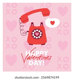 Square card to Saint Valentine's Day with retro telephone abd dialog bubble with heart. Greeting card template with cute vector illustration and xoxo pattern on background. Flat Design. 14 February.