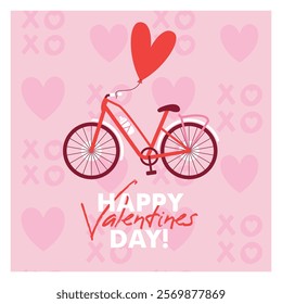 Square card to Saint Valentine's Day with bicycle and heart shaped balloon. Greeting card template with cute vector illustration of transport and xoxo pattern on background. Flat Design