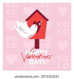 Square card to Saint Valentine's Day. Vector illustration with flying white dove, bird box, xoxo pattern on background and text. Flat Style. Cute naive clip art. Kawaii design.