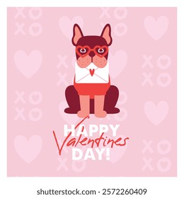 Square card to Saint Valentine's Day with french bulldog, who holding envelope with love letter. Greeting card template with cute vector illustration and xoxo pattern on background. Flat Design.