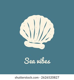 Square card with seashell on blue background in retro style. Template with typography Sea vibes. Freehand line and texture. Perfect for greeting card, logo, social media.