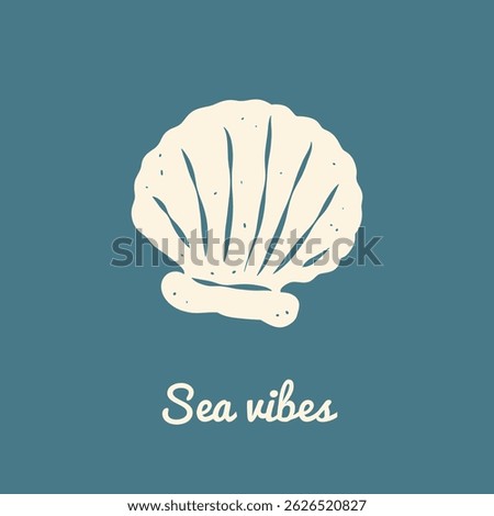 Square card with seashell on blue background in retro style. Template with typography Sea vibes. Freehand line and texture. Perfect for greeting card, logo, social media.