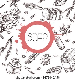 Square card with sketch drawing of handmade soap and watercolor splash. Cover with painted soap, oil, calendula, cinnamon and coffee. Vector template for greeting cards, wrappers and your design.