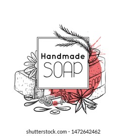 Square card with sketch drawing of handmade soap ingredients. Cover with painted soap, oil, calendula, cinnamon and coffee. Vector template for greeting cards, wrappers, recipes and your design.