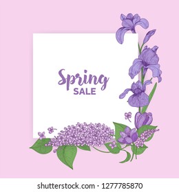 Square card with Spring Sale lettering decorated by beautiful blooming seasonal garden flowers. Natural springtime decoration. Floral realistic hand drawn vector illustration in vintage style.