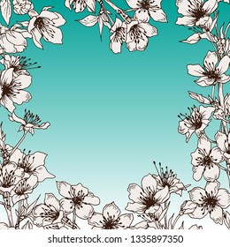 Square card template with cherry blossom. Spring sakura flowers. Hand drawn vector on blue background.
