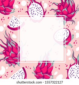 Square card template with cute vector pink dragon fruits (Pitaya). Can be used as greeting, invitation card, template design, cover, party, advertisement, sale banner. 
