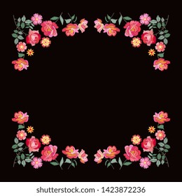 Square card template design with symmetric ornament of embroidered flowers. Floral frame.