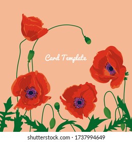 Square card template with hand drawn colorful crocus flowers. Pink background. Vector illustration.