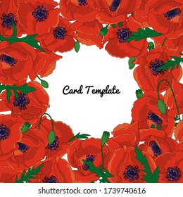 Plantilla cuadrada con marco de flores de amapola roja dibujado a mano. Ilustración vectorial.
