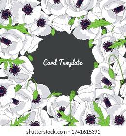 Square card template with hand drawn white poppy flowers frame. Vector illustration.