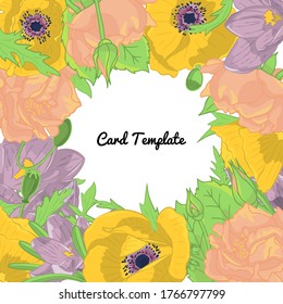 Plantilla cuadrada con crocus colorido dibujado a mano, rosa, marco de flores de amapola. Ilustración vectorial.