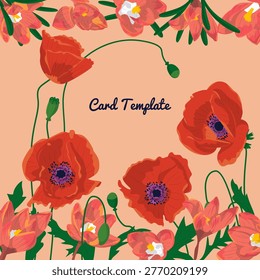 Square card template with hand drawn colorful crocus and poppy flowers frame. Vector illustration.
