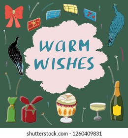 Square card template with hand lettering "Warm wishes". Gift, drink, peacock; dessert elements.  