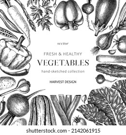 Square card template with hand-sketched vegetables. Hand-drawn healthy food elements for menu, recipe, restaurant, packaging, wrapping. Fresh vegetable frame design in engraved vintage style. 